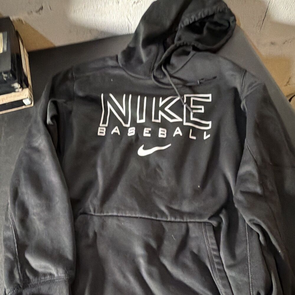 Nike Therma-FIT Black Pullover Hoodie M Baseball Graphic Print Hooded Pockets